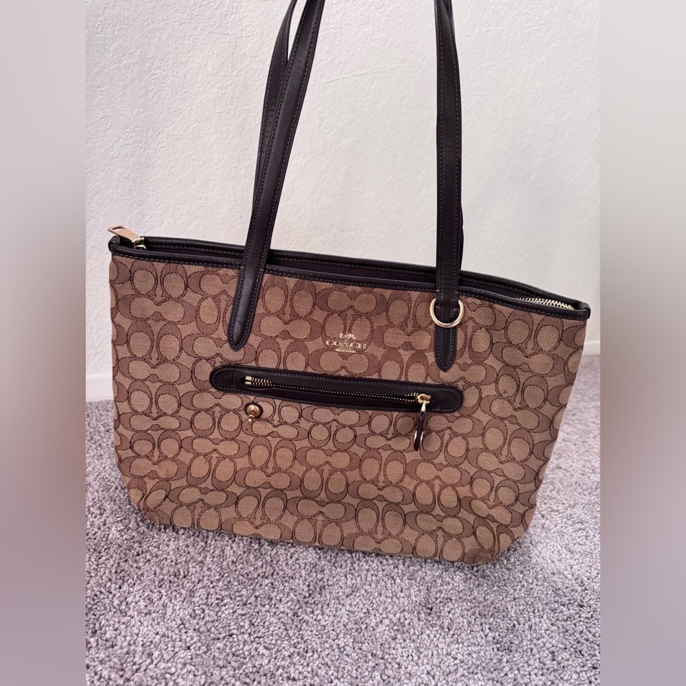 Coach Brown Logo Canvas Purse/ Tote With Leather Straps Zipper Lock G1981-37229